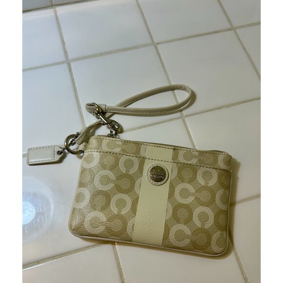 Coach Handbags - COACH Leather Pouch Beige & Gold Color with Handle Strap 4.0 x 5.9 x 0.8 Inch‎